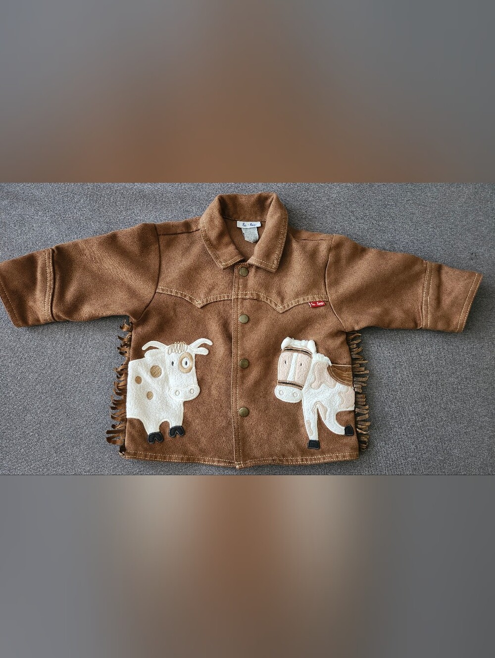Kids Brown Suede Cowboy Fringe Jacket with Animal Appliqués